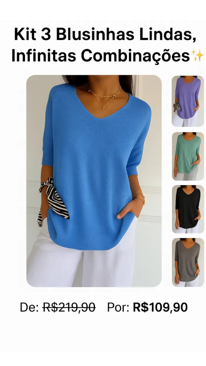Kit 3 Blusinhas Luna® em Malha Leve - Decote V Elegante